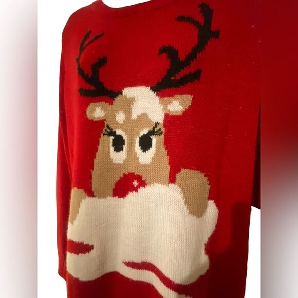 Women’s reindeer peaking over the snow red ugly Christmas sweater NWT size L - Picture 10 of 14